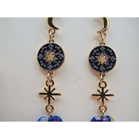 NIB C&C California Blue Gold Moon Stars Glass Beaded Heart Dangle Earrings - Picture 3 of 11
